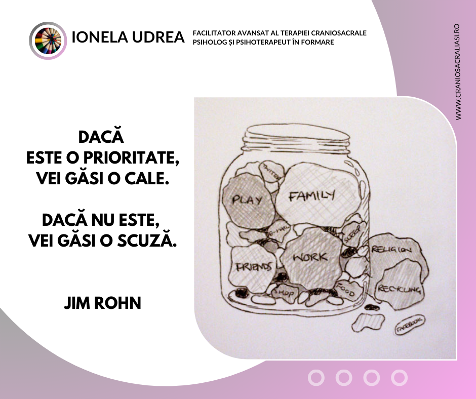 „Dacă este o prioritate, vei găsi o cale. Dacă nu este, vei găsi o scuză.” – Jim Rohn