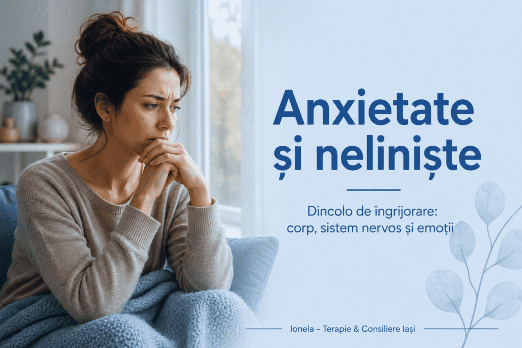 Femeie care experimentează anxietate și neliniște. Imagine utilizată într-un articol despre reglarea sistemului nervos și psihoterapie în Iași.