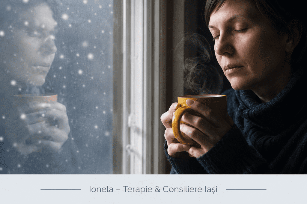 Persoană într-un moment de reflecție și reglare emoțională. Conexiunea dintre corp, emoții și sistemul nervos.