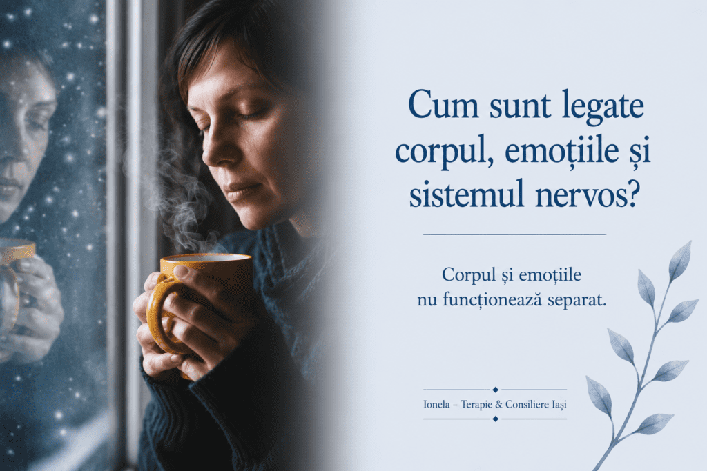 Persoană într-un moment de reflecție și reglare emoțională. Conexiunea dintre corp, emoții și sistemul nervos.