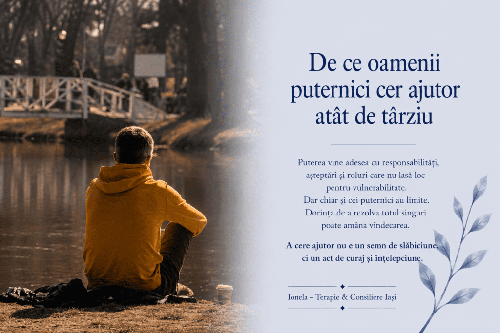 Persoană aflată într-un moment de reflecție despre dificultatea de a cere ajutor și sprijin emoțional.
