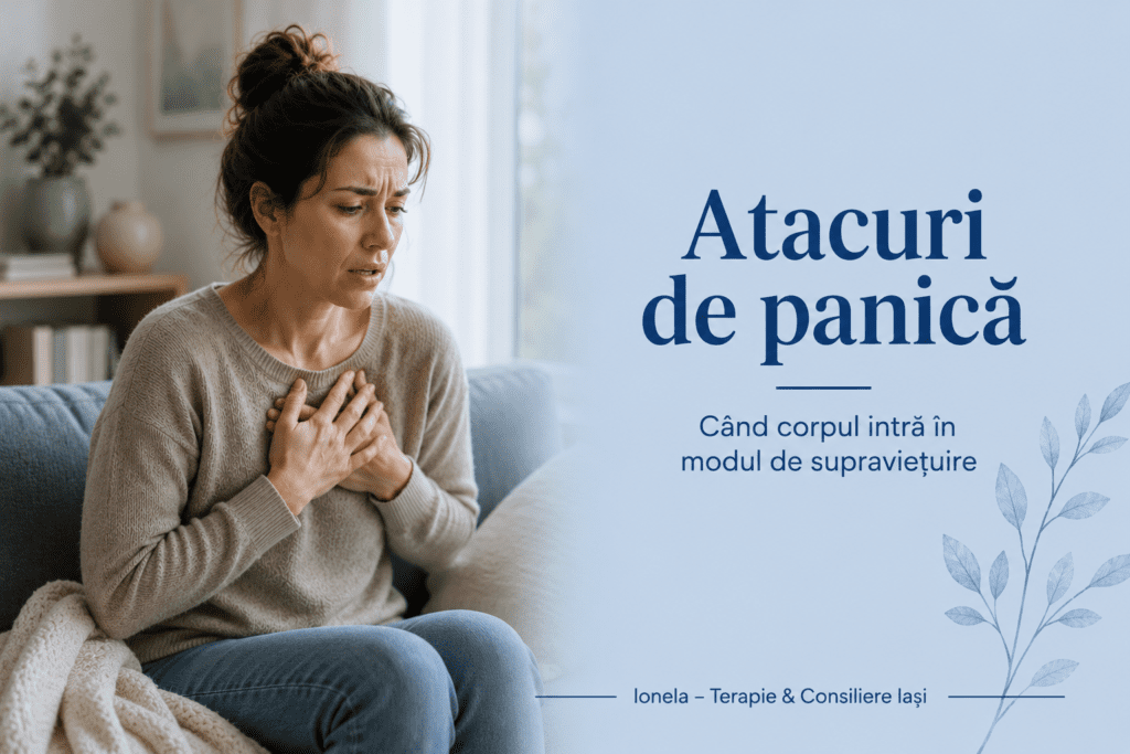 „Femeie care experimentează simptome asociate atacurilor de panică, ilustrând starea de alertă și activarea intensă a sistemului nervos.”