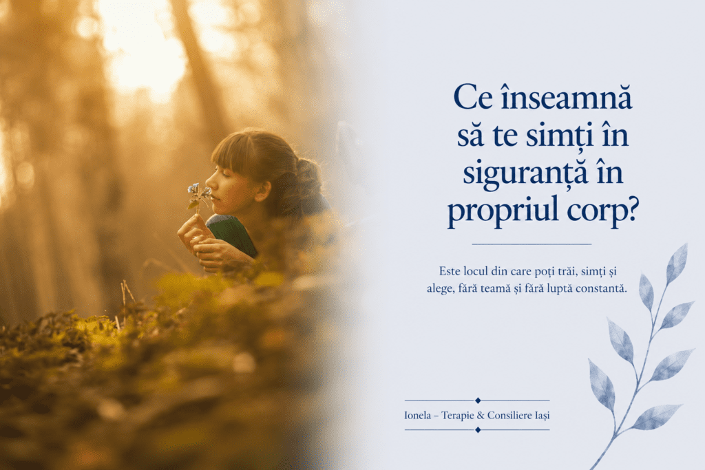 Persoană conectată cu natura și propriile simțuri, ilustrând starea de siguranță în propriul corp.