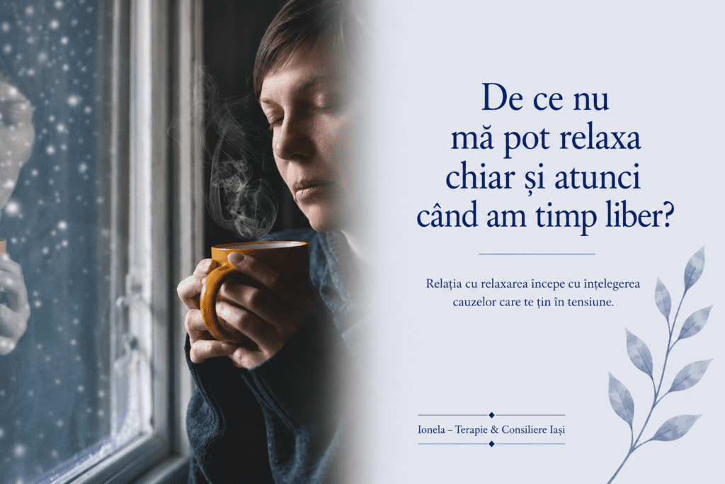 Persoană privind pe fereastră cu o cană caldă în mână, reflectând asupra dificultății de a se relaxa chiar și atunci când are timp liber.
