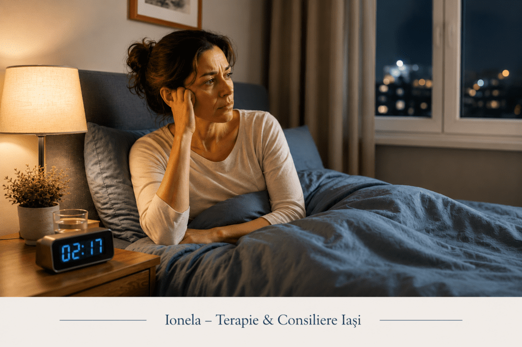 Femeie care se confruntă cu dificultăți de somn, ilustrând insomnie și stare de alertă a sistemului nervos.