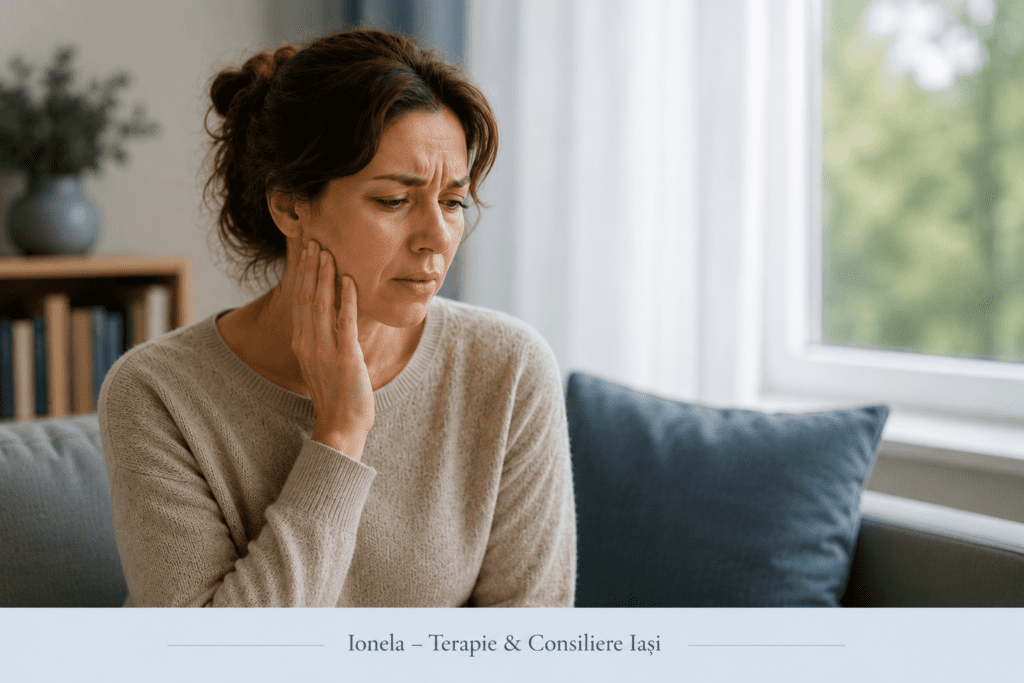 Imagine ilustrativă pentru articolul despre ATM și bruxism. Fotografia surprinde o persoană care resimte tensiune la nivelul maxilarului, simbolizând relația dintre stres, contracturile musculare și sistemul nervos.