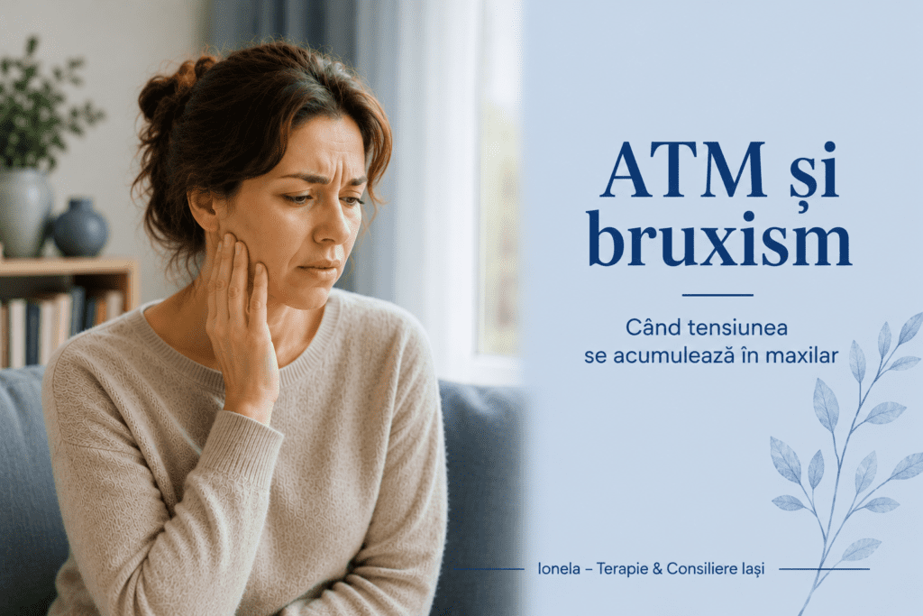 Imagine ilustrativă pentru articolul despre ATM și bruxism. Fotografia surprinde o persoană care resimte tensiune la nivelul maxilarului, simbolizând relația dintre stres, contracturile musculare și sistemul nervos.
