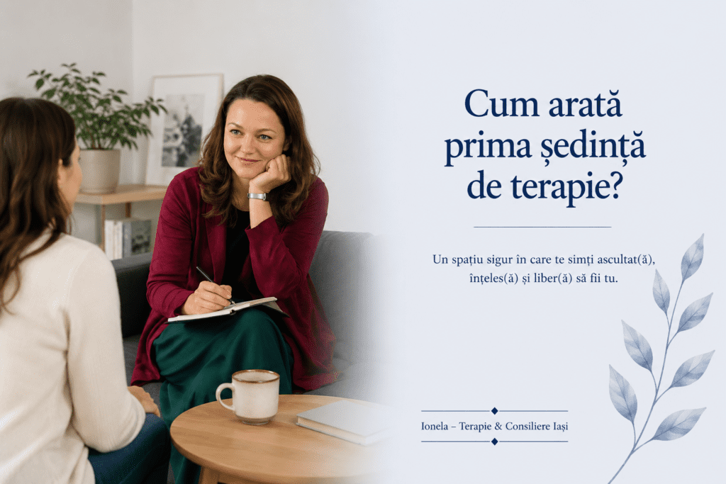 Ionela în cabinetul de psihoterapie din Iași, într-un spațiu primitor pentru prima ședință de terapie