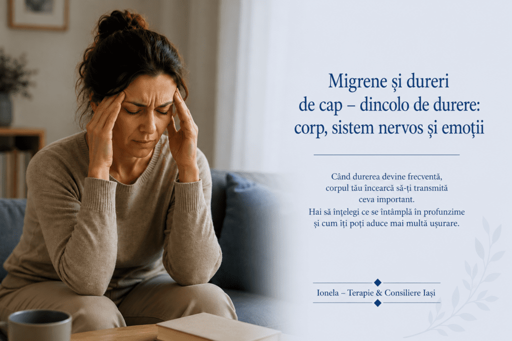 Femeie care își ține tâmplele din cauza unei migrene, ilustrând relația dintre durerea de cap, stres și sistemul nervos.
