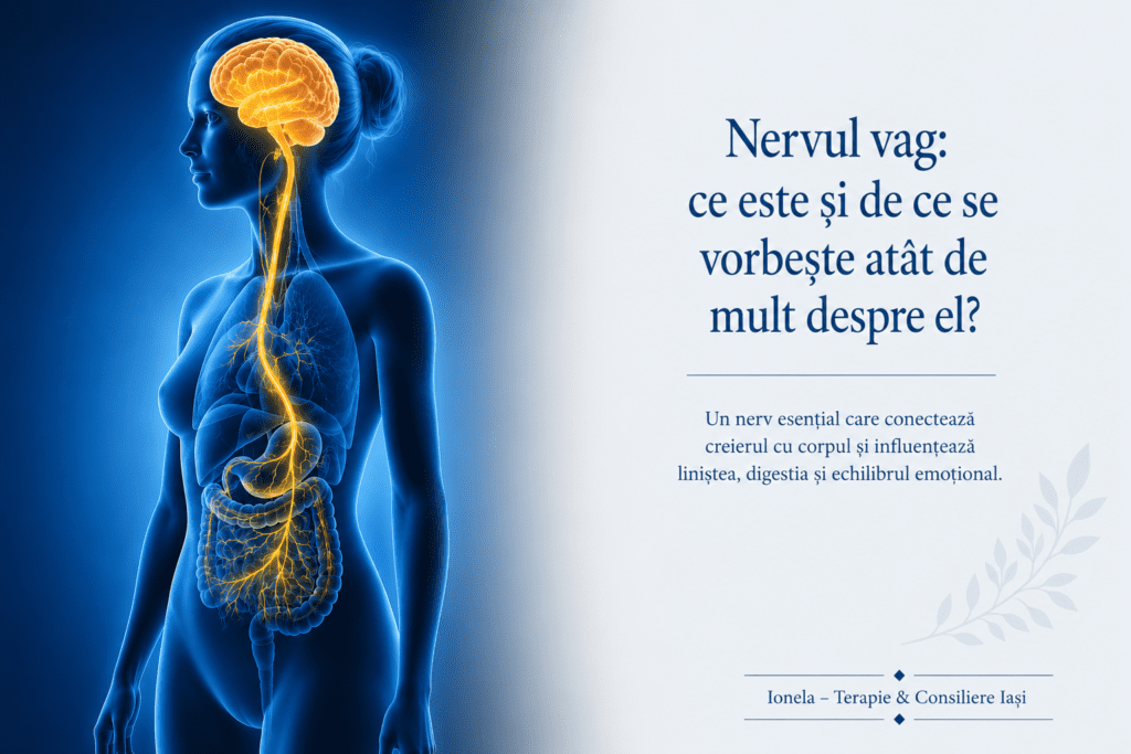 Ilustrație anatomică a nervului vag și a conexiunii dintre creier, inimă, plămâni și sistemul digestiv.