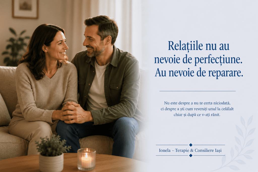 Cuplu zâmbind și ținându-se de mâini, ilustrând reconectarea emoțională, repararea relației și construirea siguranței în cuplu.