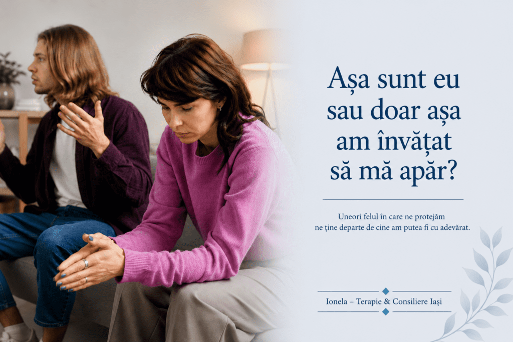 Femeie retrasă emoțional în timpul unei discuții de cuplu, ilustrând mecanismele de apărare și dificultatea de conectare emoțională.
