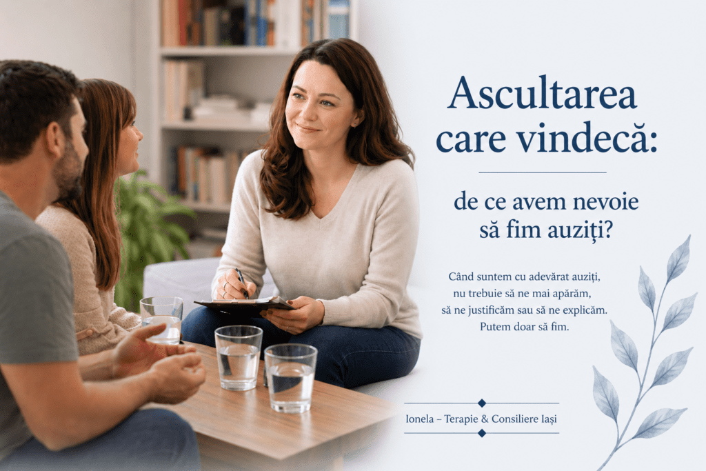 Terapeut în ședință cu un cuplu, ilustrând importanța ascultării, conectării și siguranței emoționale în procesul de vindecare.