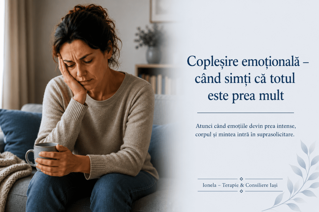 Femeie care pare copleșită emoțional, ilustrând suprasolicitarea emoțională și dificultățile de reglare ale sistemului nervos.