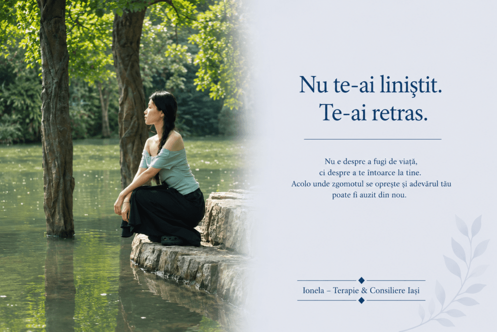Imagine pentru articolul „Nu te-ai liniștit. Te-ai retras”, despre diferența dintre liniștea autentică și retragerea emoțională. Articolul explorează modul în care sistemul nervos, experiențele relaționale și nevoia de protecție pot duce la izolare, evitarea conexiunii și dificultatea de a rămâne prezent în relații.