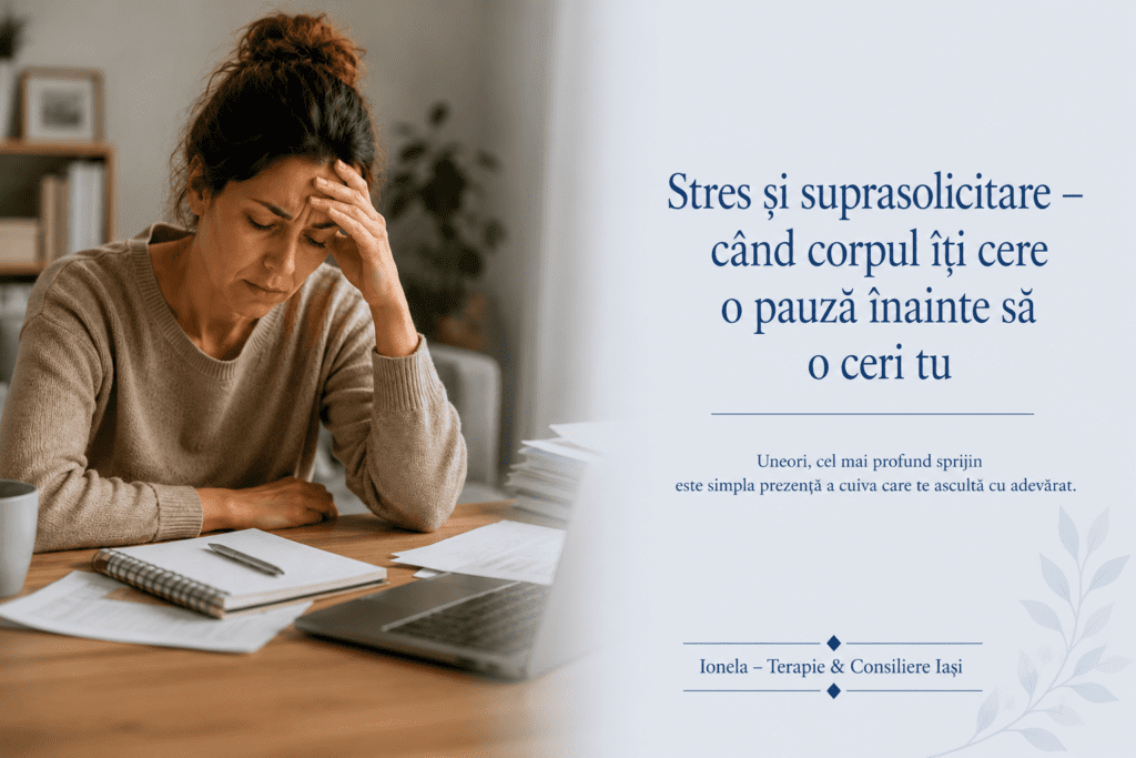 Femeie obosită și copleșită, ilustrând efectele stresului și suprasolicitării asupra corpului și sistemului nervos.