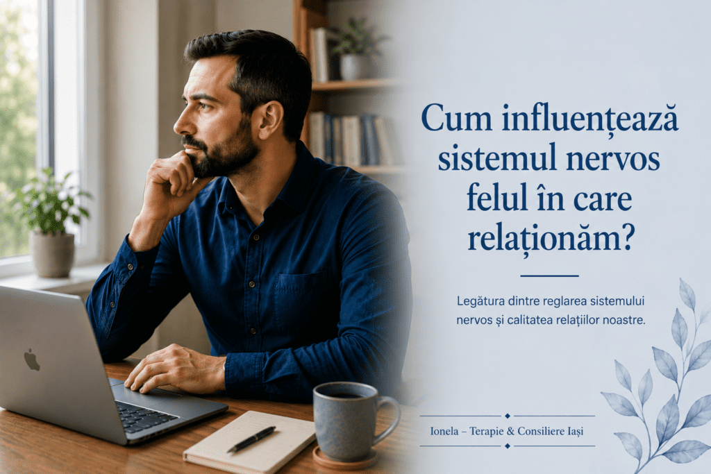 Bărbat așezat la birou privind pe fereastră, ilustrând legătura dintre reglarea sistemului nervos și modul în care construim și trăim relațiile.