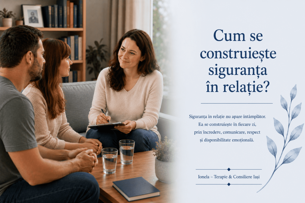 Psihoterapeut discutând cu un cuplu despre comunicare și siguranță emoțională în relație