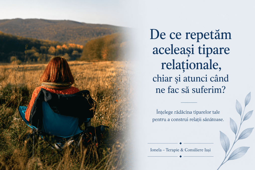 Femeie privind spre orizont într-un peisaj natural, reflectând asupra tiparelor relaționale și procesului de autocunoaștere.