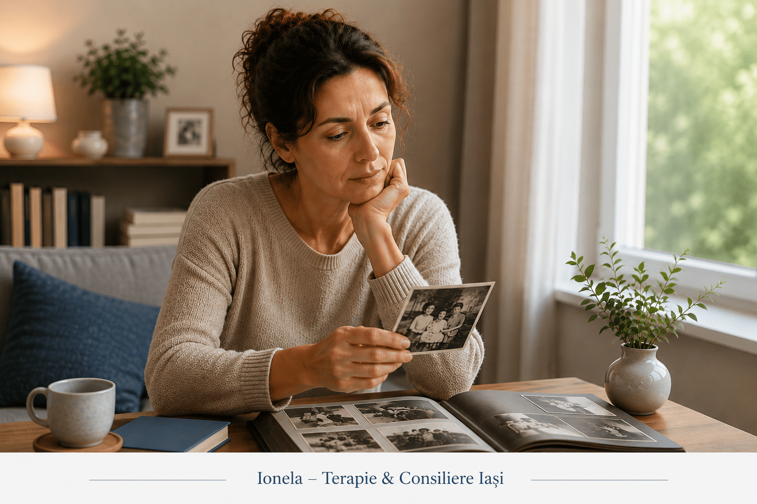 Femeie care privește fotografii vechi de familie, ilustrând influența relațiilor timpurii și a familiei de origine asupra vieții adulte.
