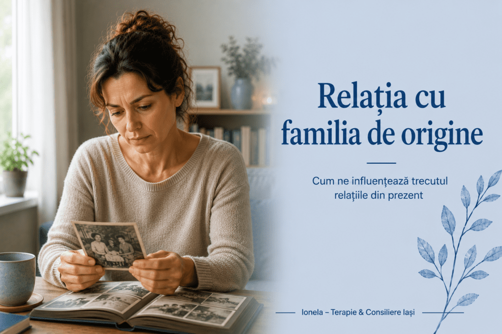Femeie care privește fotografii vechi de familie, ilustrând influența relațiilor timpurii și a familiei de origine asupra vieții adulte.