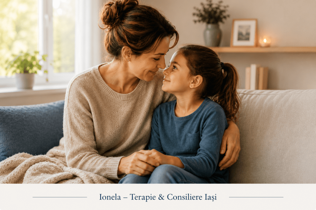 Mamă și copil într-un moment de conectare emoțională, ilustrând importanța relației părinte-copil și a siguranței emoționale.