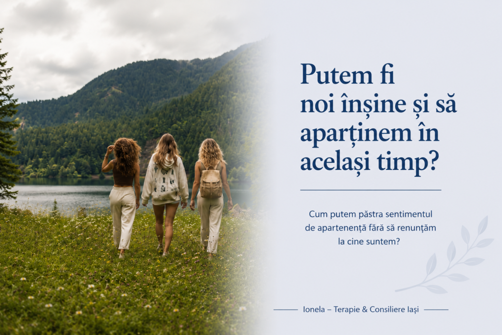 Trei persoane merg împreună prin natură, simbolizând apartenența, autenticitatea și relațiile sănătoase.