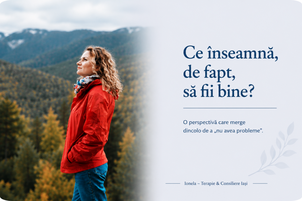Femeie privind către munți într-un moment de liniște și reflecție, simbol al stării de bine și al conectării cu sine.