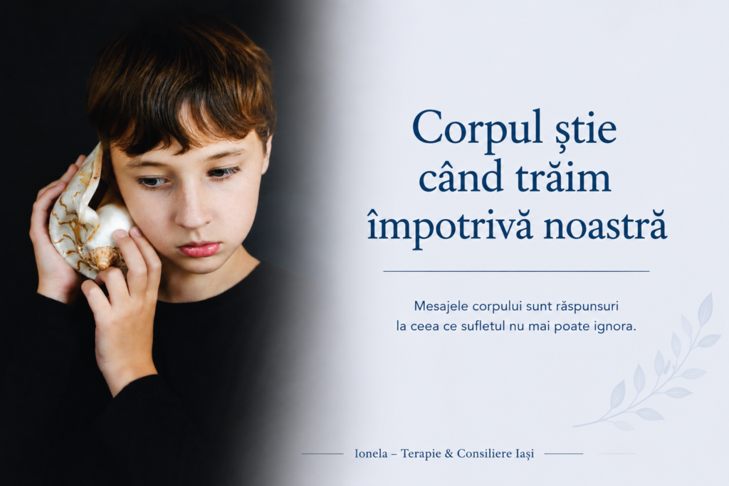 Copil care ascultă o scoică, simbol al atenției față de semnalele corpului și ale lumii interioare.