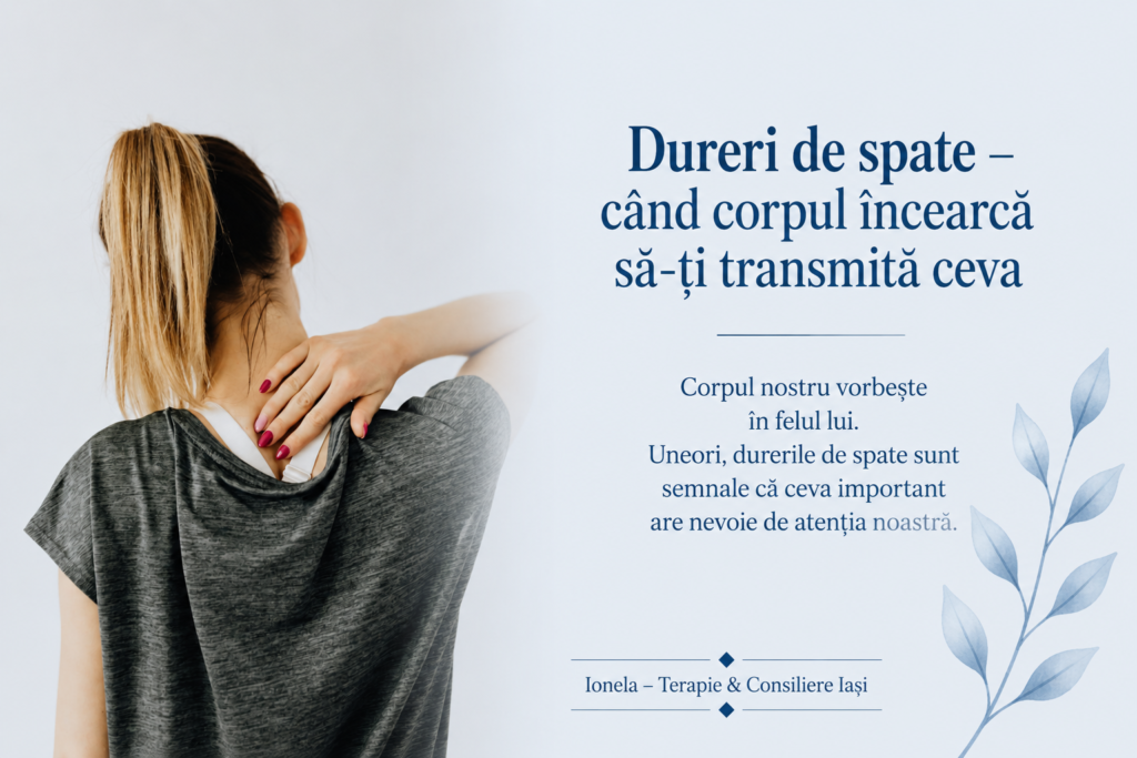 Femeie care își susține zona cervicală și partea superioară a spatelui, ilustrând tensiunea și durerile de spate.