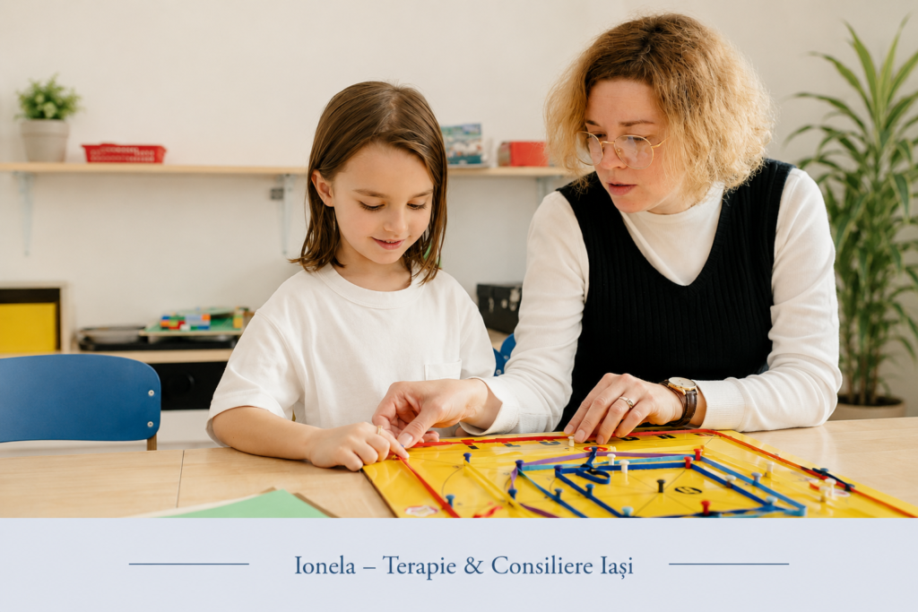 Copil implicat într-o activitate educativă alături de un adult care îl ghidează și îl sprijină în procesul de învățare.