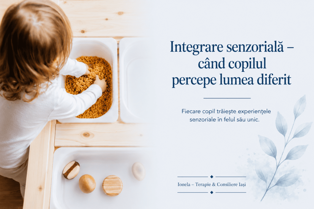 Copil implicat într-o activitate educativă și senzorială alături de un adult care îl ghidează.