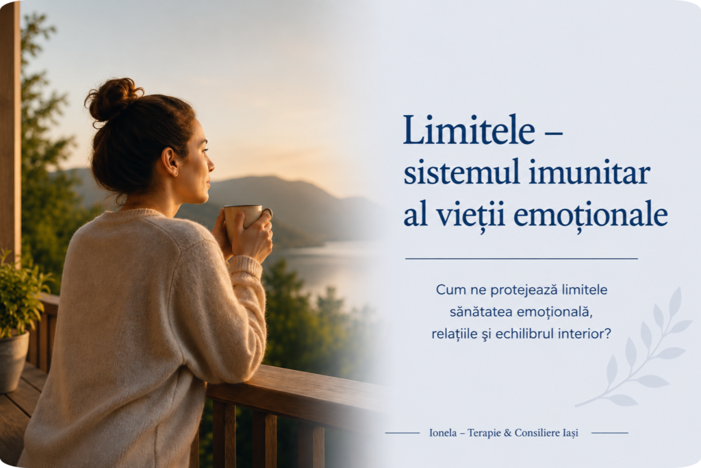 Femeie privind spre orizont într-un peisaj montan, simbol al limitelor sănătoase, al echilibrului emoțional și al reconectării cu sine.