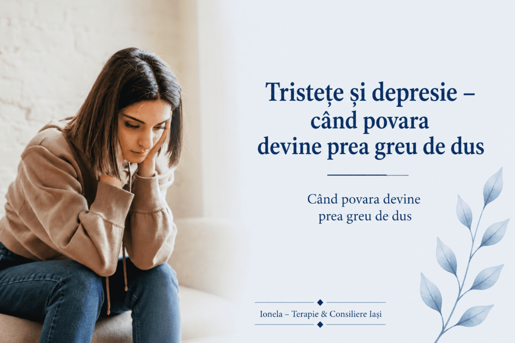 Femeie așezată într-un moment de reflecție și tristețe, ilustrând impactul depresiei și al epuizării emoționale.