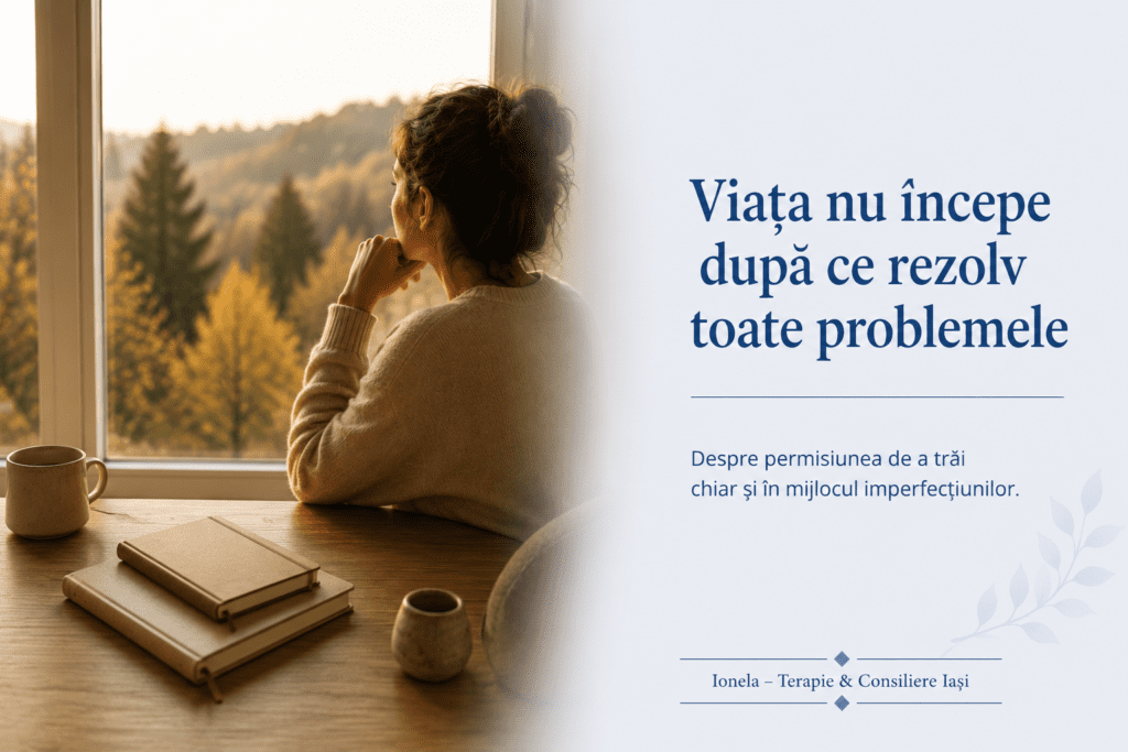 Femeie privind în liniște pe fereastră, alături de agende închise, simbol al alegerii de a nu mai amâna propria viață.