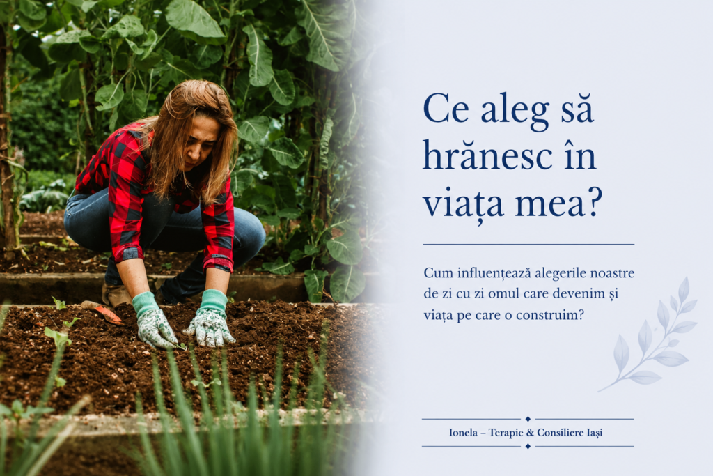 Femeie plantând răsaduri într-o grădină, simbol al alegerilor și obiceiurilor care modelează viața în timp.