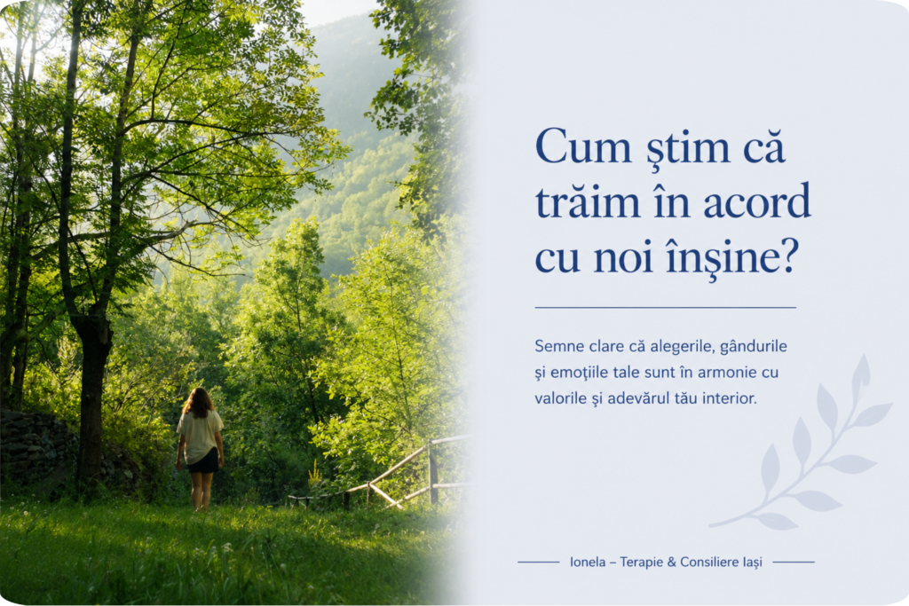 Persoană mergând prin natură pe un drum luminat, simbol al acordului cu sine și al descoperirii propriului drum.