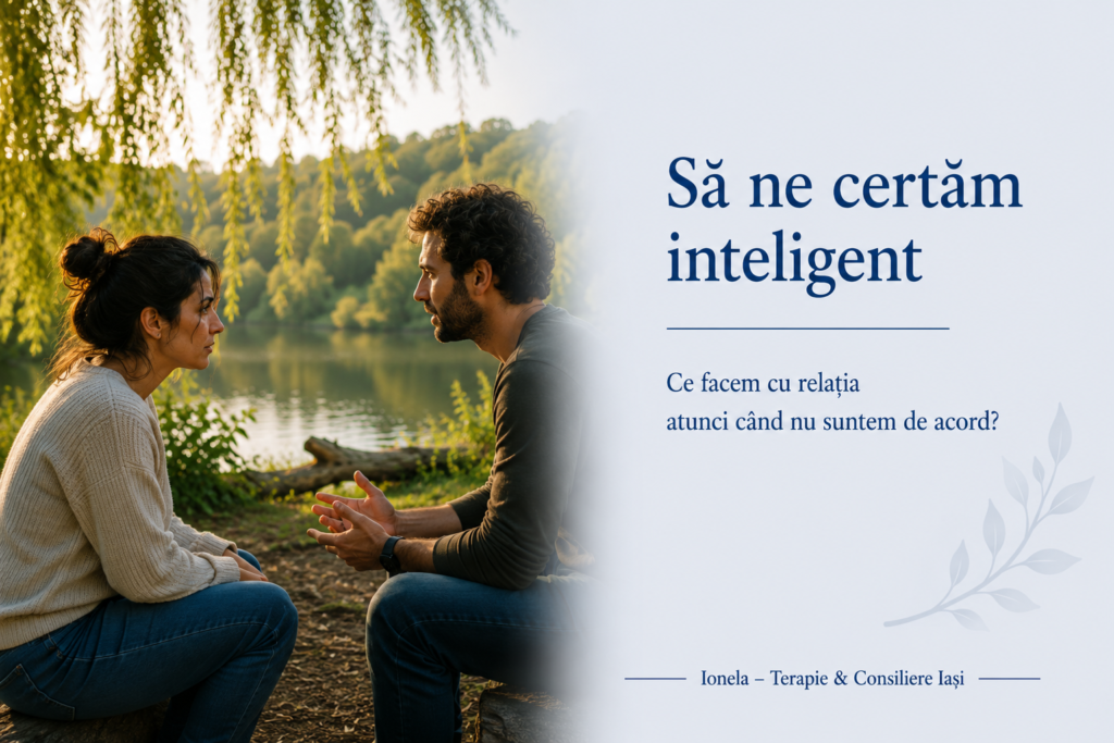 Două persoane discută calm într-un cadru natural, ilustrând comunicarea, conflictul sănătos și repararea relației.