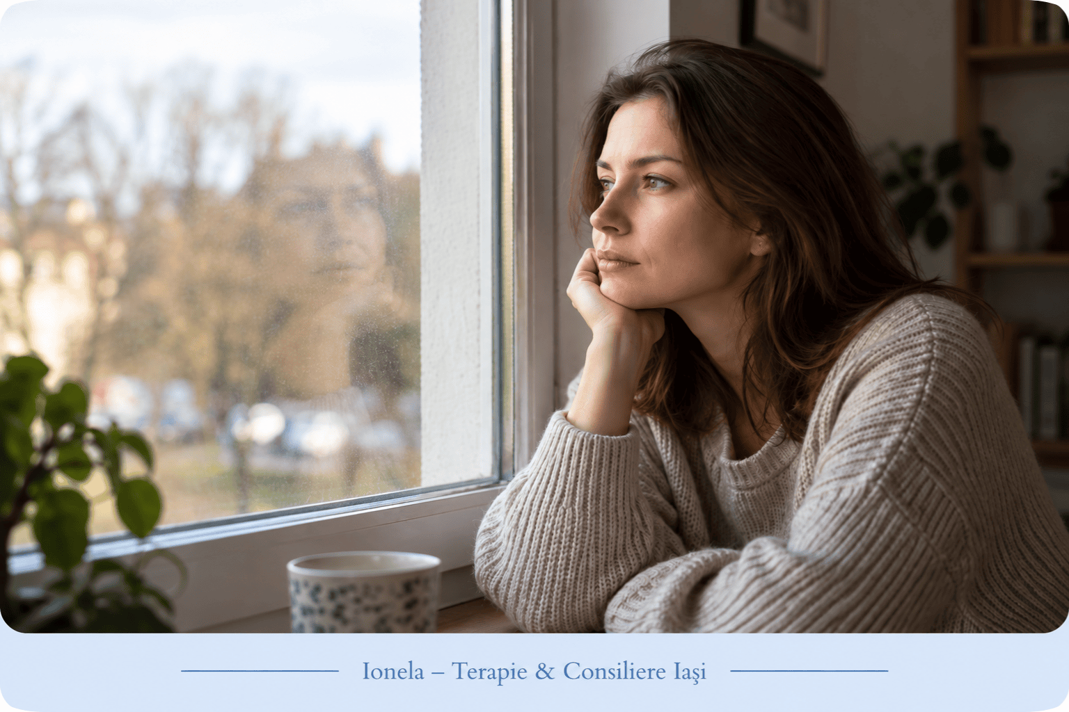 Femeie privind pe fereastră – reflecție despre corp, emoții, gânduri și discernământ