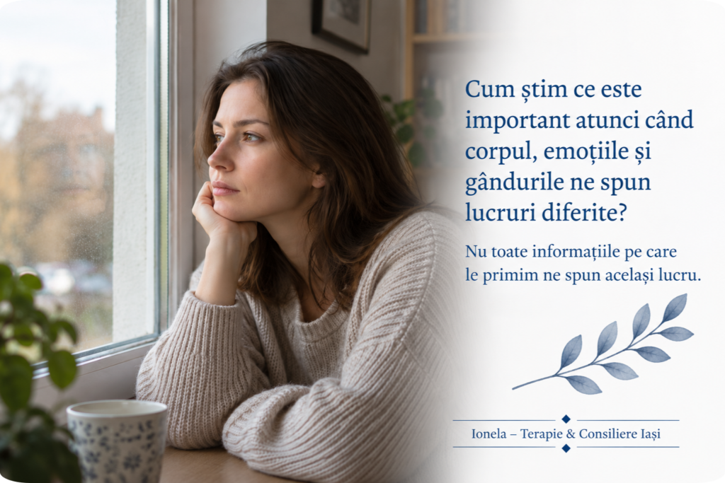 Femeie privind pe fereastră – reflecție despre corp, emoții, gânduri și discernământ