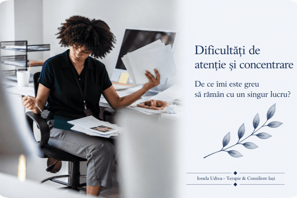 Femeie încercând să gestioneze mai multe documente – dificultăți de atenție și concentrare