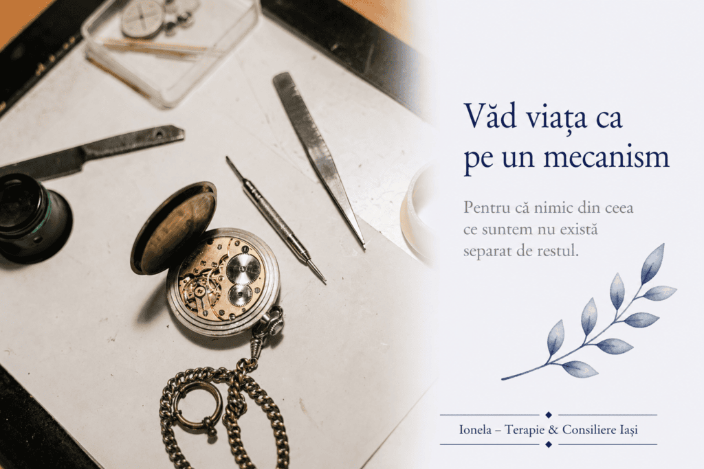 Ceas mecanic deschis – metaforă pentru felul în care părțile vieții se influențează reciproc