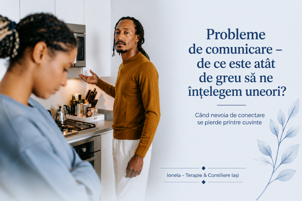 Două persoane aflate într-o conversație, ilustrând dificultățile și provocările comunicării în relații.